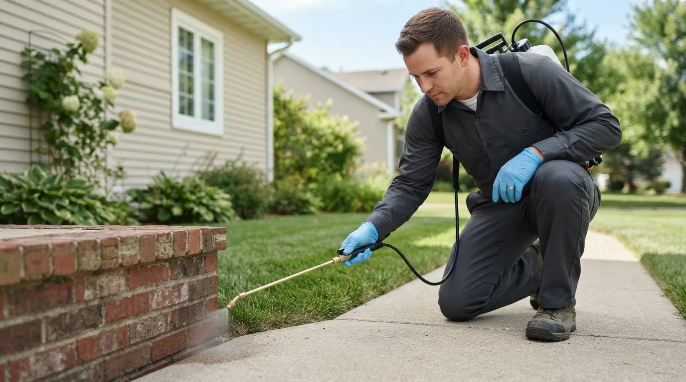 Pest control technician treating a home near Gridley, KS