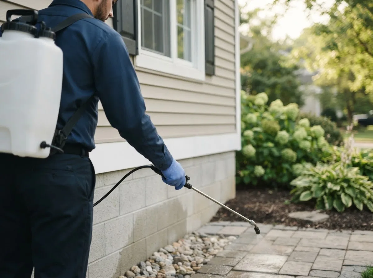 Pest control technician inspecting a home in Gridley, KS